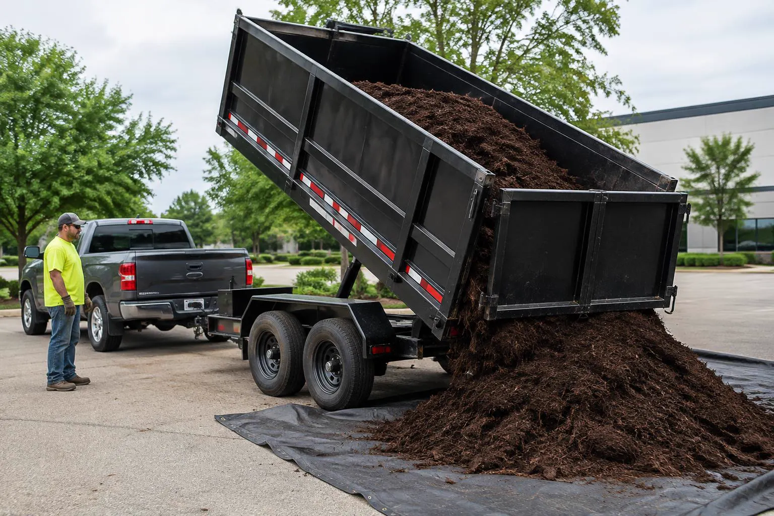 Hydraulic dump trailer tipping mulch onto a tarp while a worker stands clear