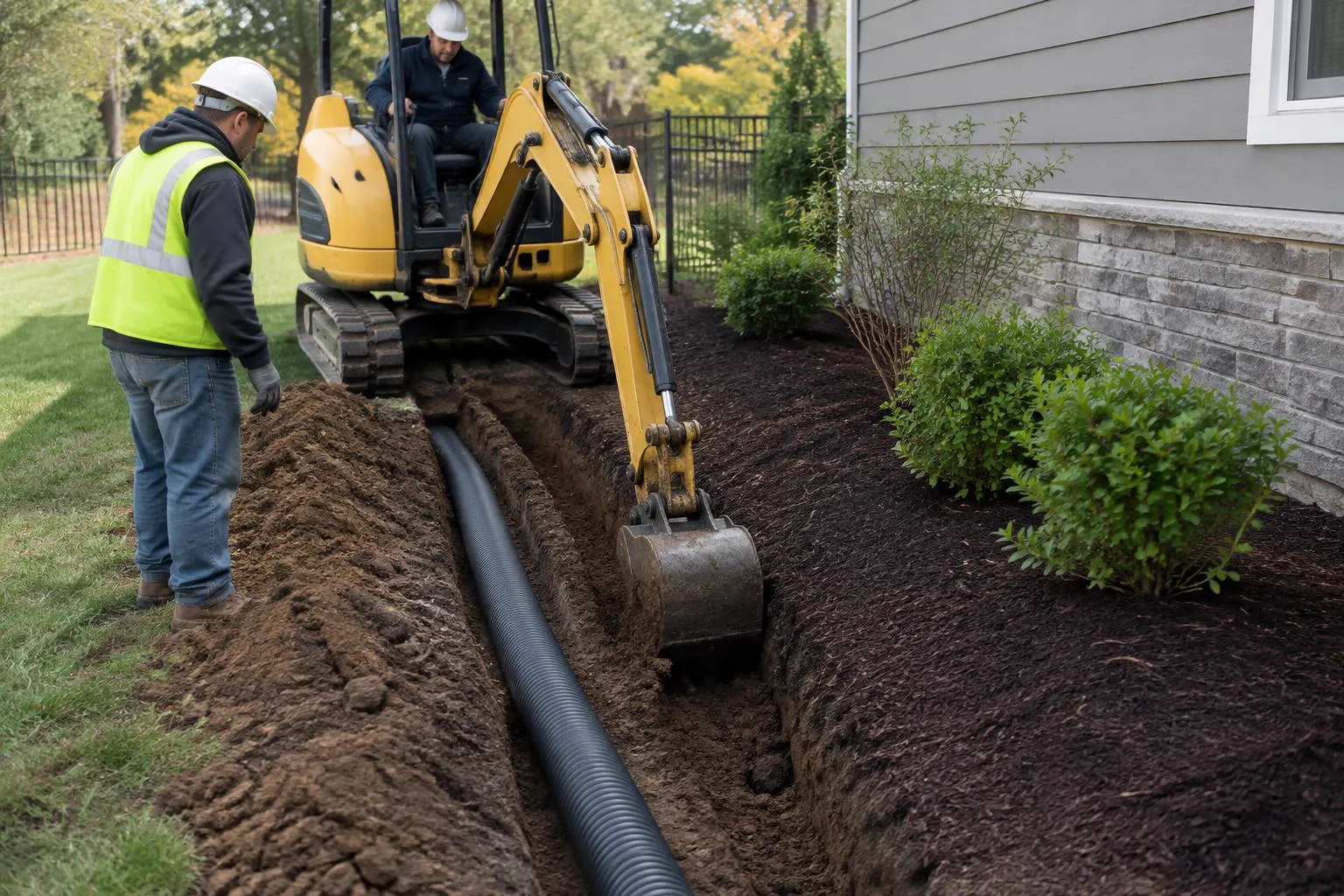 Mini excavator digging a drainage trench beside a landscape bed with corrugated pipe in place