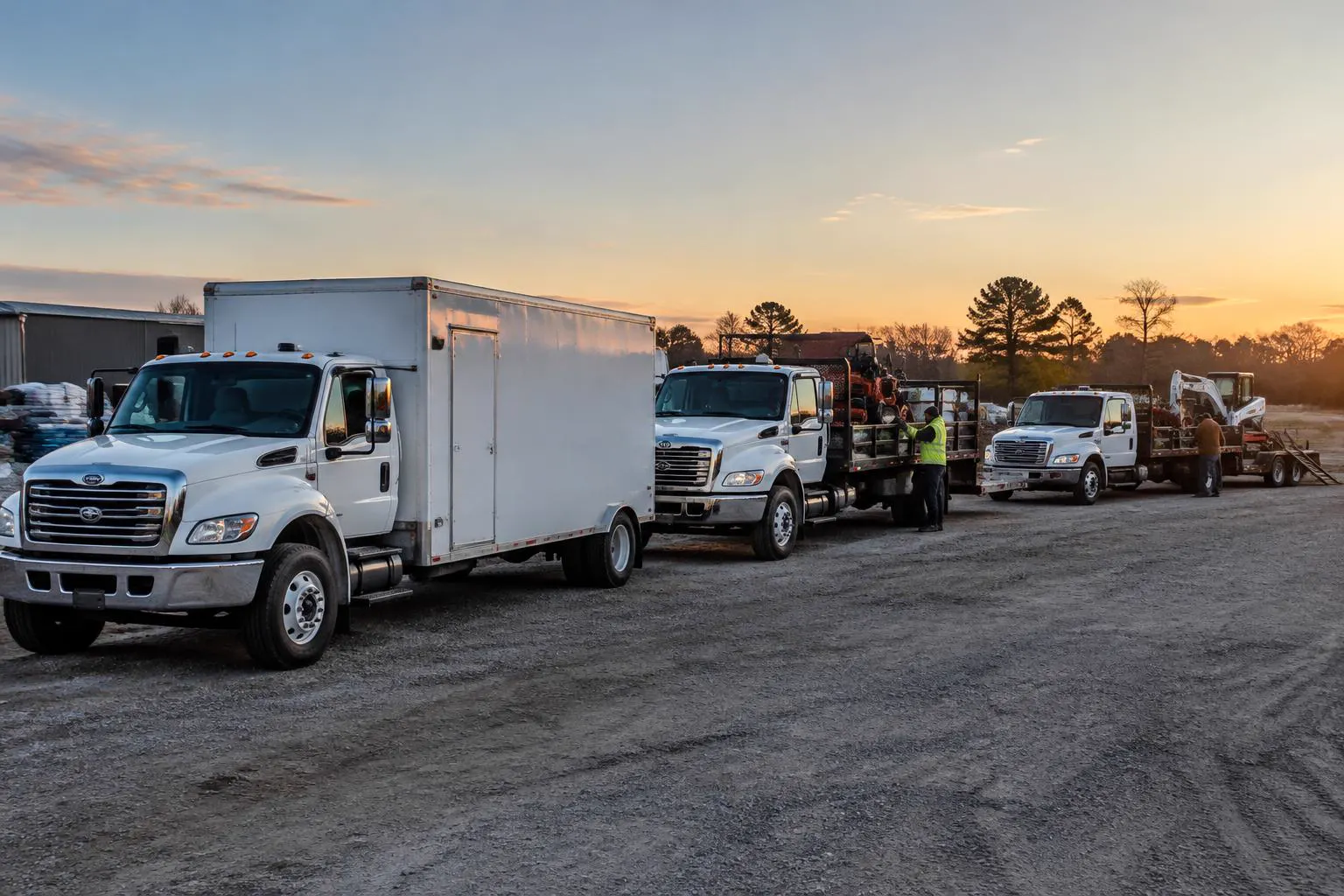 Three white landscape trucks with trailers lined up at dawn in a contractor yard