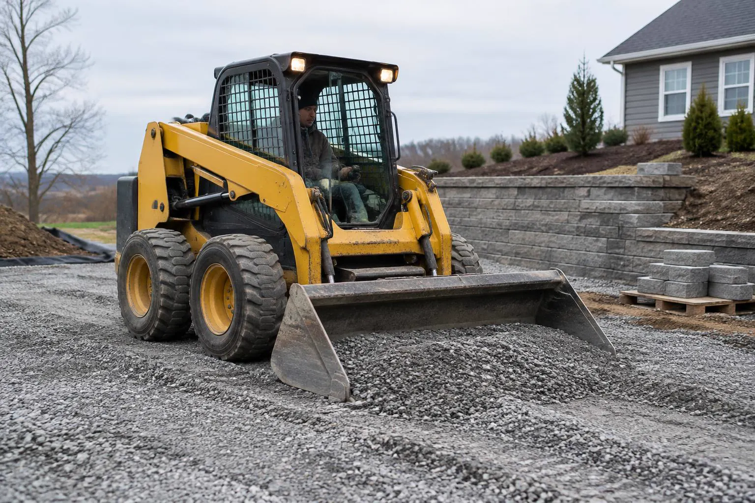 Wheeled skid steer leveling gravel beside a new block retaining wall