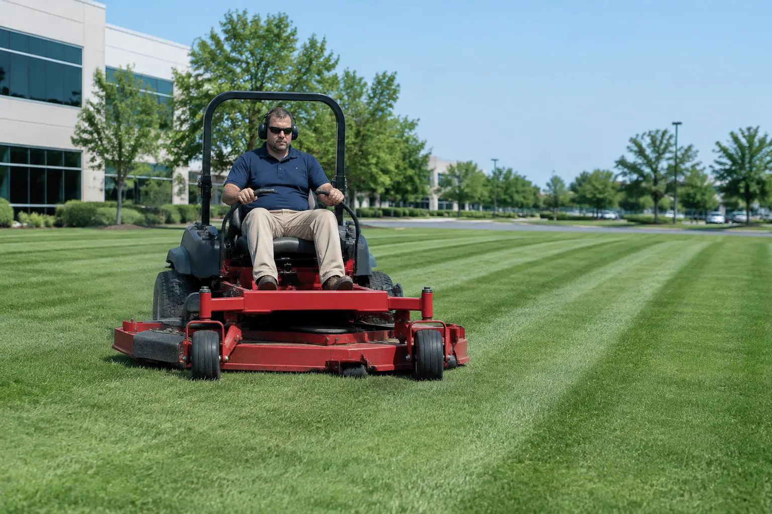 Operator on a commercial zero-turn mower cutting stripes into office park turf